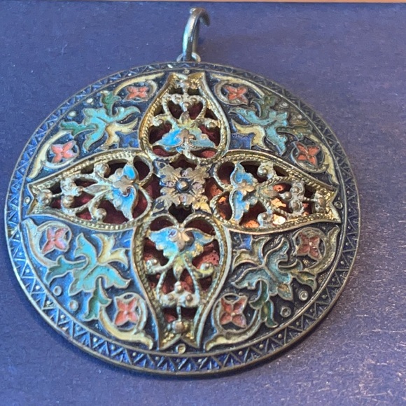 Antique Enameled BUTTON French Champleve Pierced Lacy Openwork made into PENDANT - Picture 6 of 15